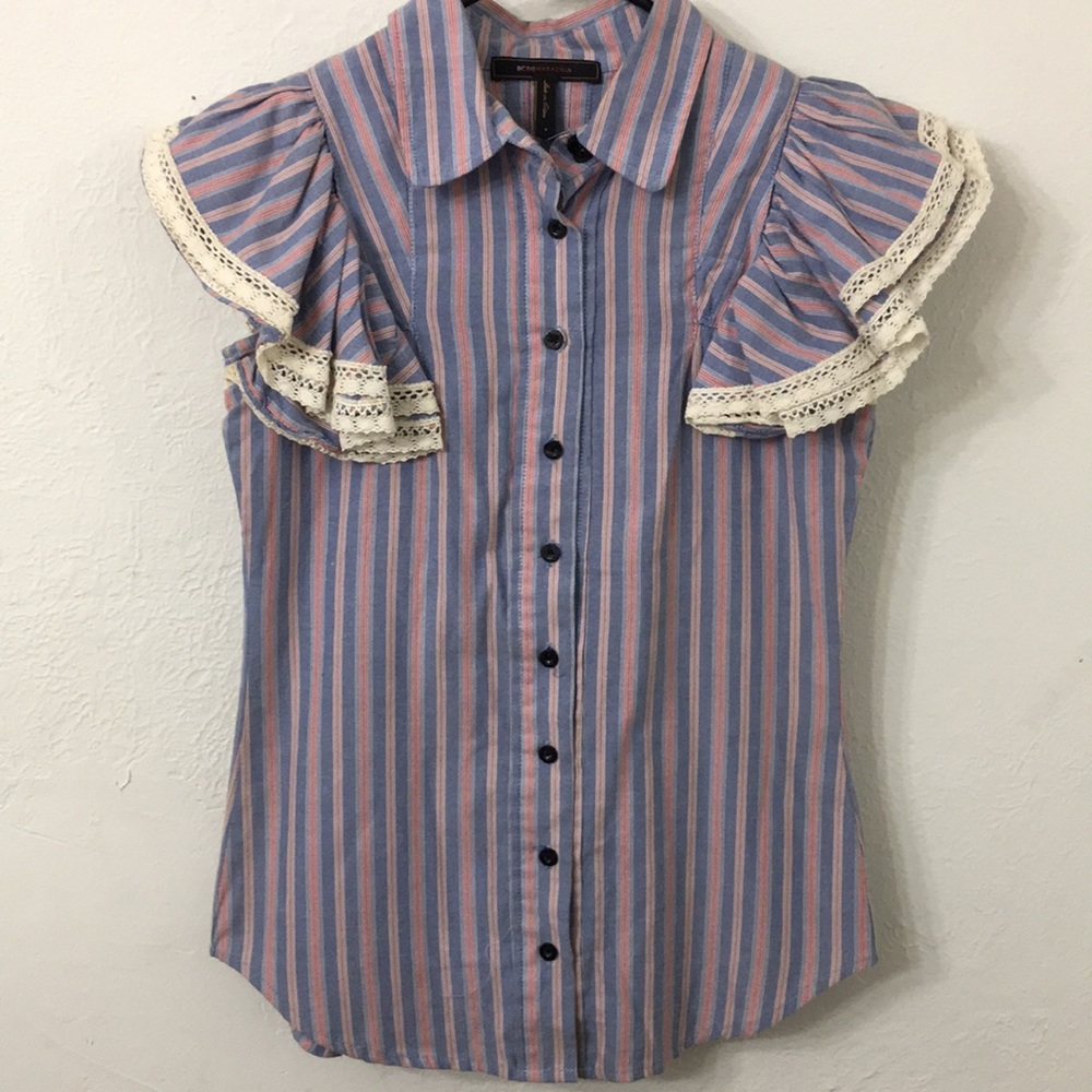 BCBGMaxAzria Pink and Blue Striped Ruffle Sleeve Button-Down Shirt
